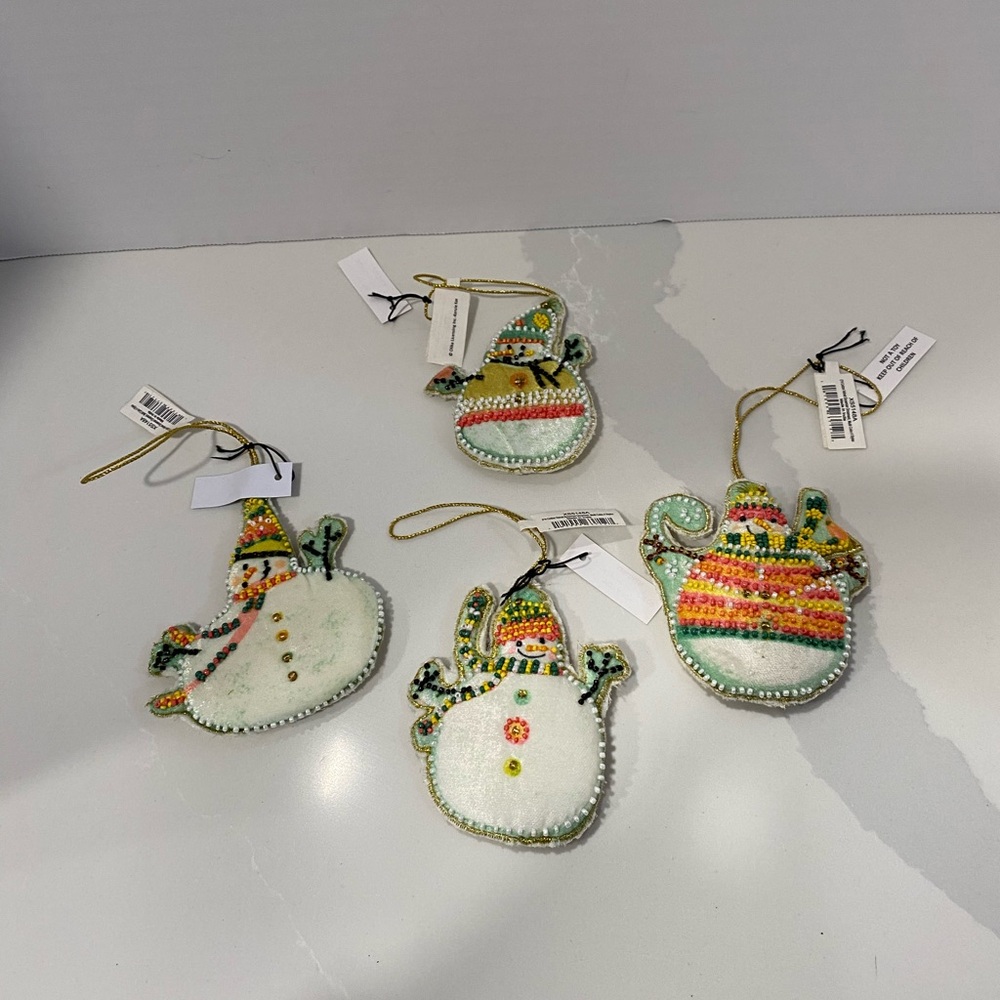 Set of 4 creative Co-Op Velvet Beaded Snowman Christmas Ornaments NWT